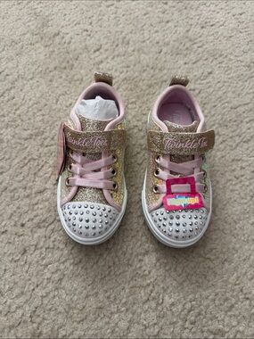NWT Skechers Twinkle Toes Kids' Glitter Sneakers - Pink & Gold - Size 8
